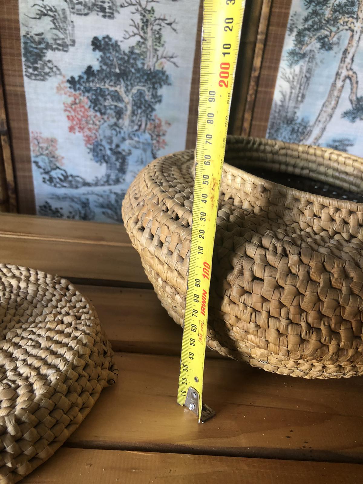 Vintage woven cane lidded pot