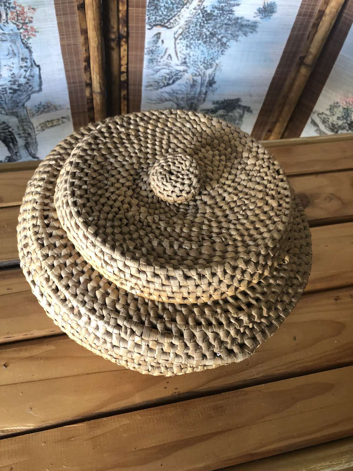 Vintage woven cane lidded pot