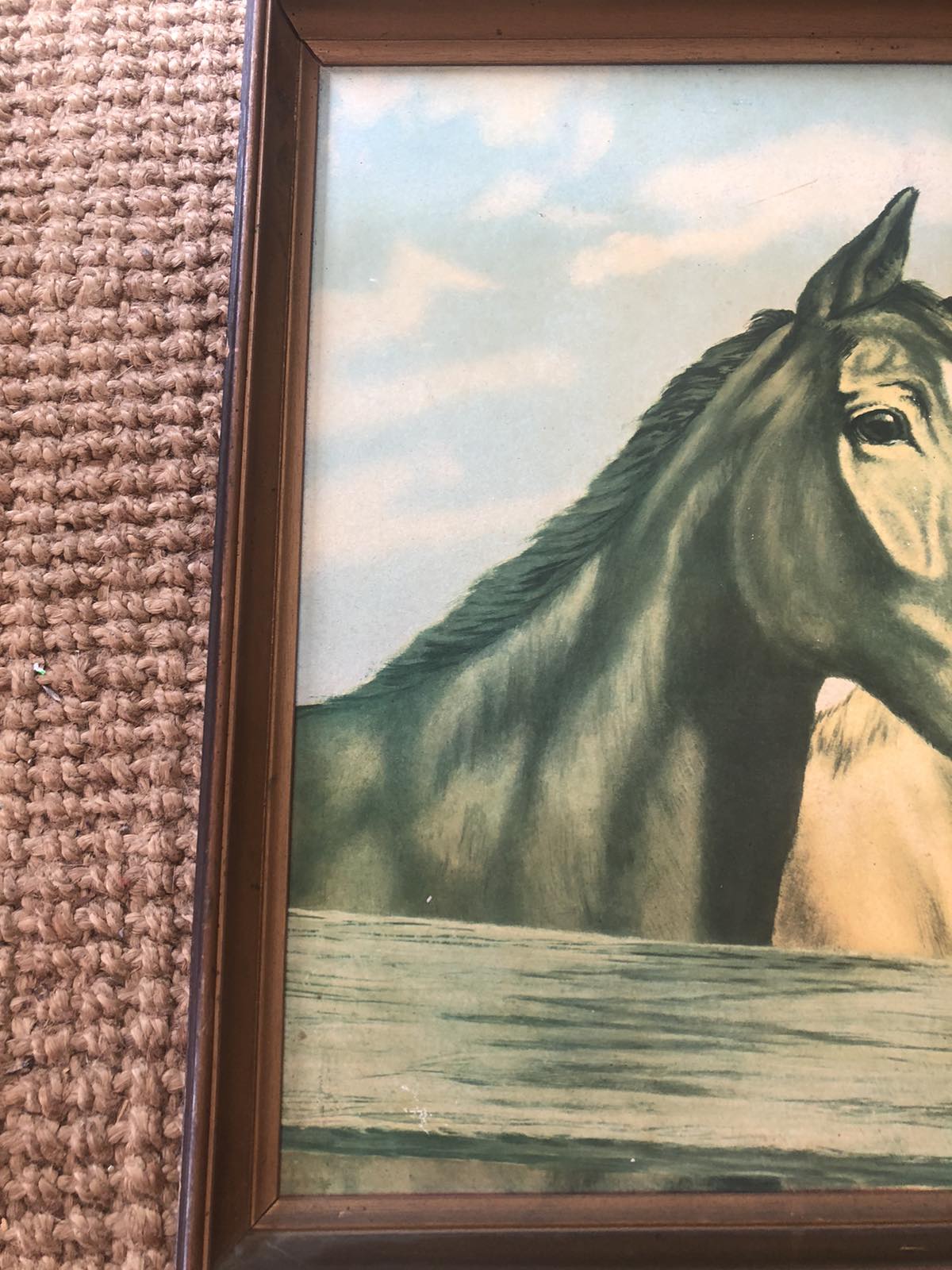 Vintage print of horses at fence. J Davie
