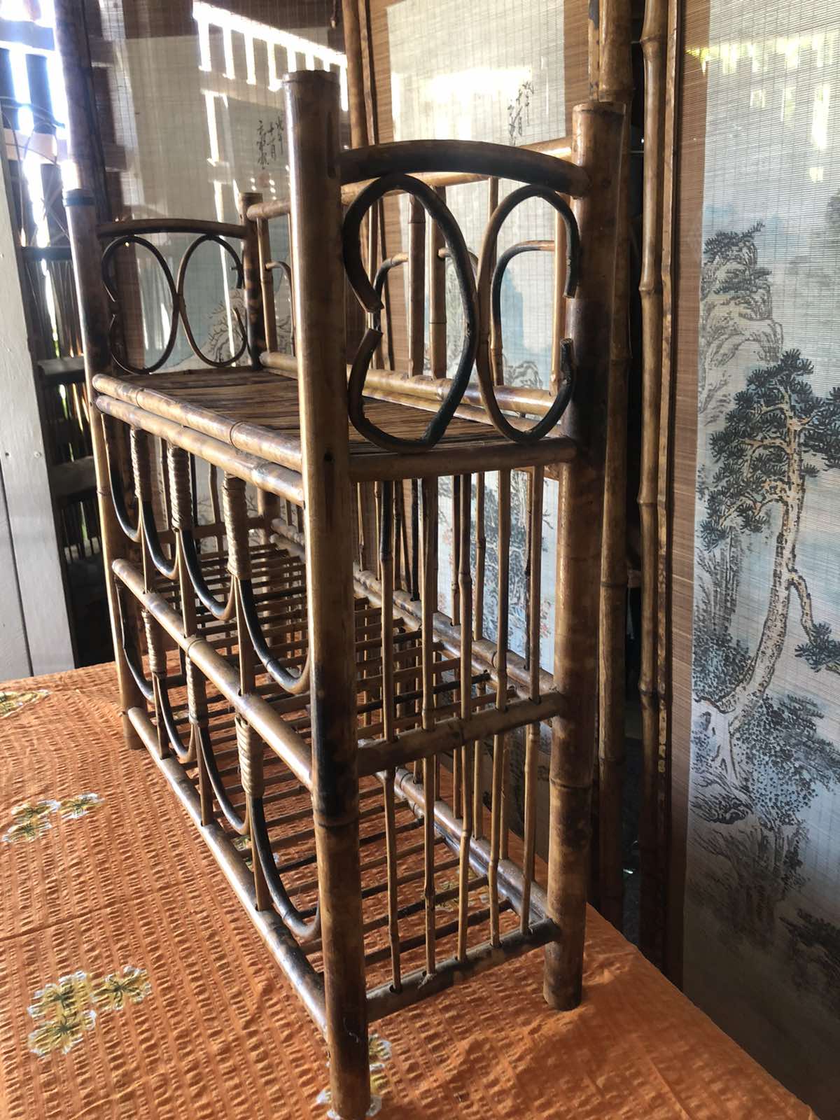 Vintage tiger cane wine rack shelf