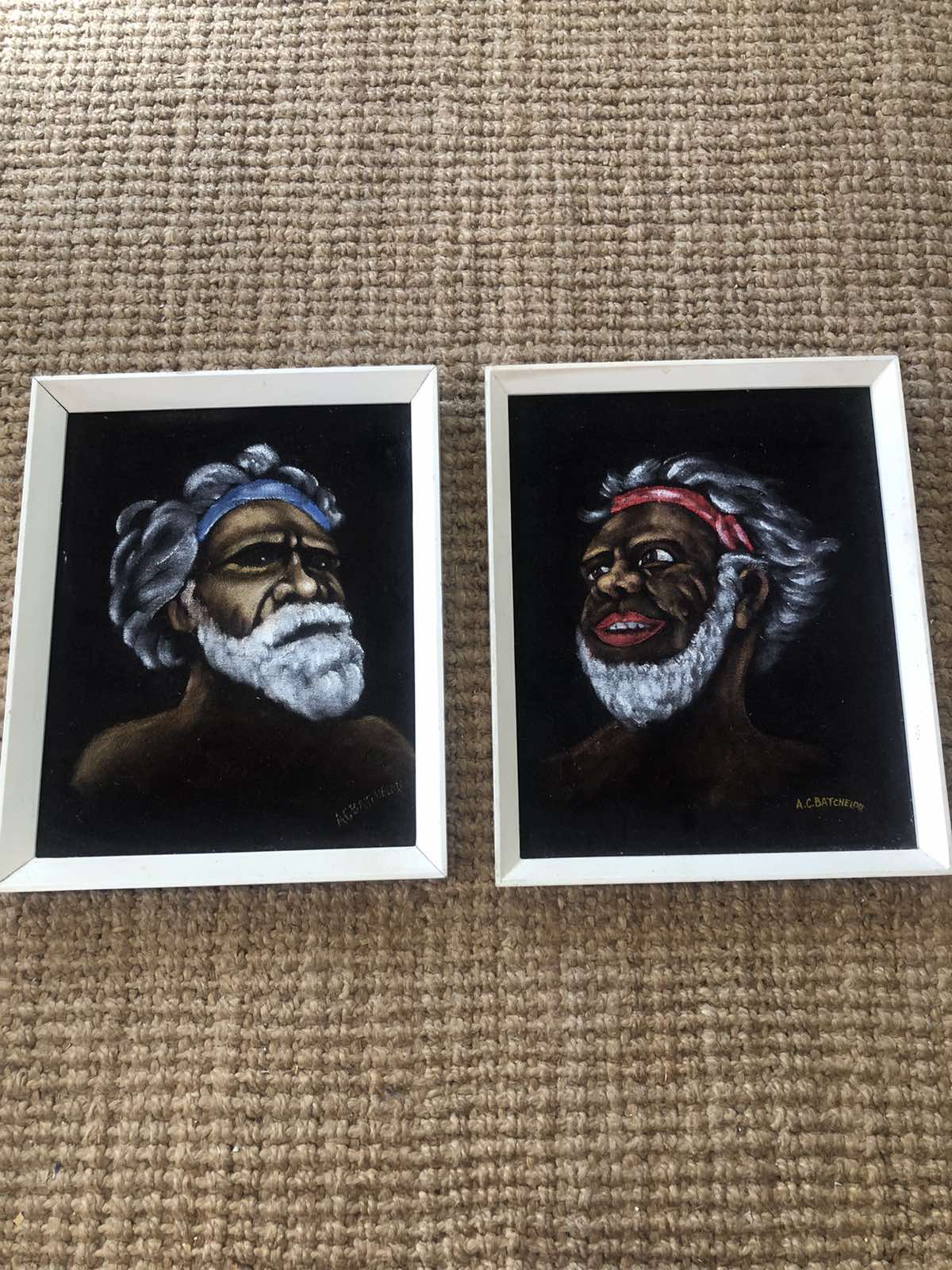 Pair of velvet paintings of indiginous subjects