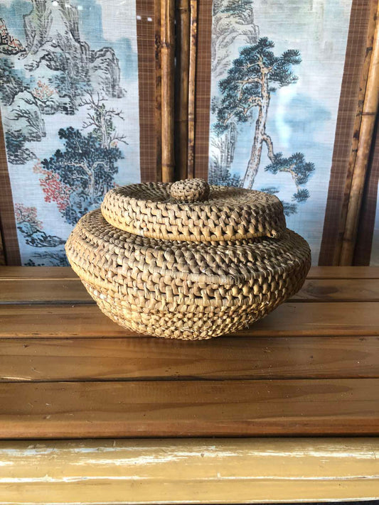 Vintage woven cane lidded pot