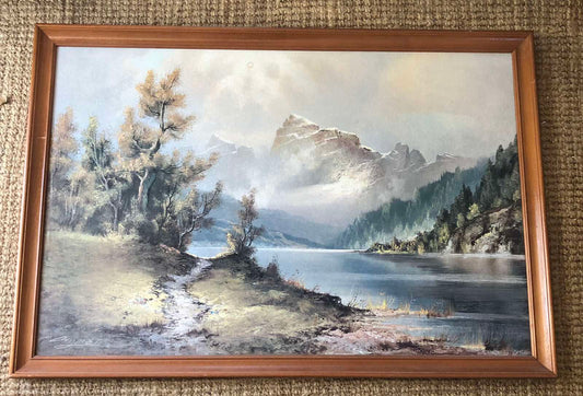 Vintage print lake and mountains