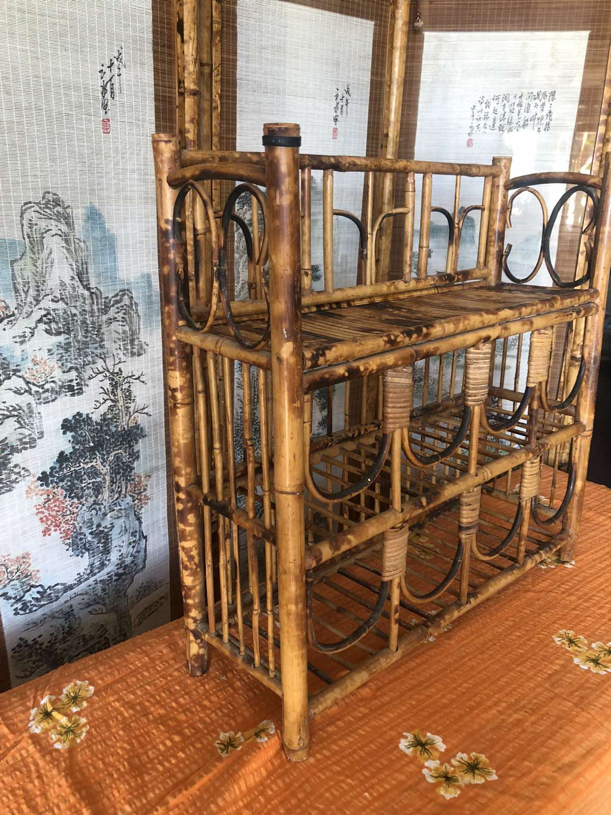 Vintage tiger cane wine rack shelf